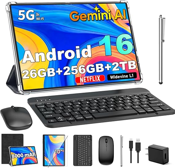 Gemini AI Android 16 Tablet with Keyboard, 2026 10 inch Tablet (Black) | 26GB+256GB+2TB Expand, Electronic Tablet PC with 8-Core, 5G WiFi, 8000mAh, GPS, GMS, 2 in1 Tablet with Case, Mouse, Stylus