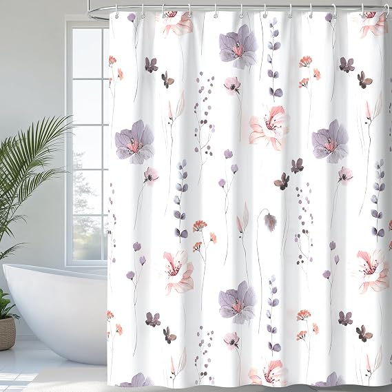 QiyI Watercolor Floral Shower Curtain with Hooks, 72 x 72, Dusky Purple