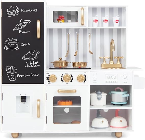 COSTWAY Kids Wooden Kitchen, Large Pretend Play Kitchen with Lights & Sounds, Blackboard, Realistic Oven, Sink, Utensils, Children Cooking Role Playset for Boys Girls (White+Golden)
