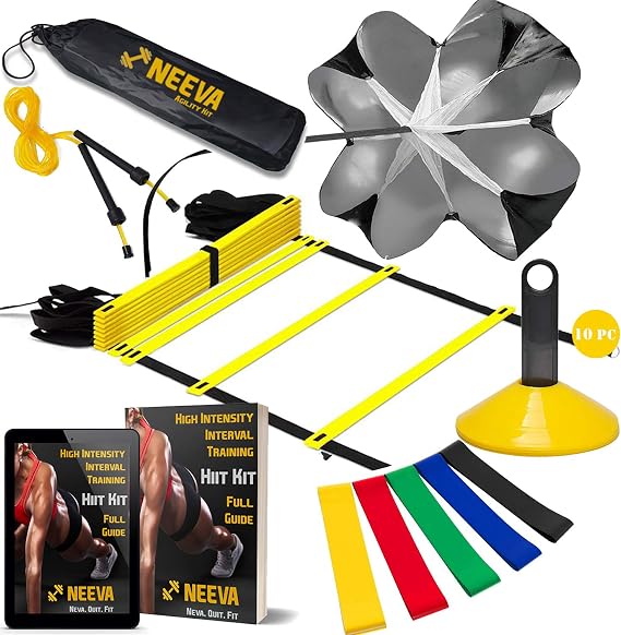 NEEVA Speed Agility Training Kit- Set of Premium Agility Ladder, 10 Disc Cones, Resistance Running Parachute, Jumping Rope, Mini Loop Bands & Sport Drills eBook