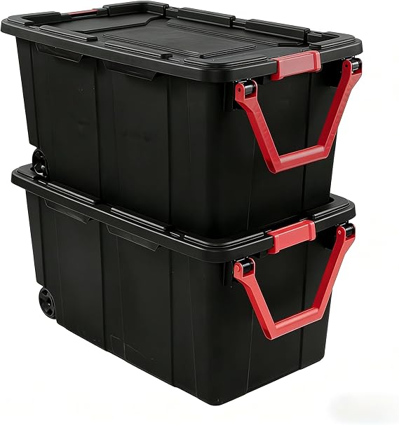 40-gallon wheeled plastic storage boxes with handles, black, 2-pack