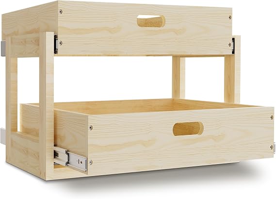 Pull Out Cabinet Organizer, 20''W21''D16''H Soft Close Slide Out Wood Drawer Storage Shelves for Kitchen, Base Cabinet Organization for Pantry, 2-Tier, Finished, Heavy-Duty, Bottom Assembly