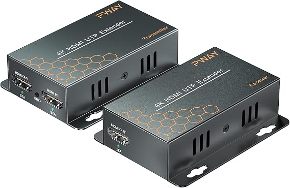 PWAY 4K HDMI Extender Over Ethernet Cat5 Cat6 Cat7 Upto 230ft, with IR, Loop Out, 4K@30Hz 1080P HDMI Transmitter Receiver Video Converter POC with Holes, Easy Installation (HT275)