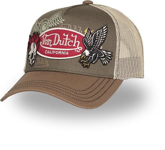 Von Dutch Trucker Patches, Men's and Women's Caps, Khaki 12 | Unisex, Adult 55.5-60cm, Snapback Closure, Rigid Mesh, Curved Visor, Vintage