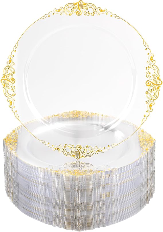 Nervure 100Pcs 10.25'' Clear Plastic Plates, Party Plates for 100Guests | Clear Plastic Plates with Gold Rim, Heavy Duty Disposable Plate, Dinner Plate for Wedding & Party, BPA-free, High-end