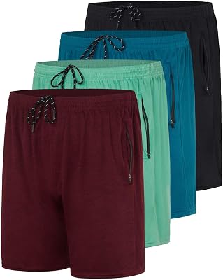 Real Essentials 4 Pack: Mens Mesh 7 Athletic Zipper Shorts Workout Gym Running Basketball Big and Tall Available