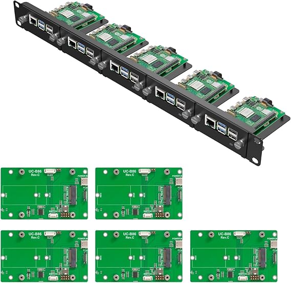 UCTRONICS 1U Carbon Steel Rack Mount for Raspberry Pi 5, 19" Server Rack with 5 PCIe to M.2 NVMe SSD Adapters Support Up to 4 Pi 5 Units