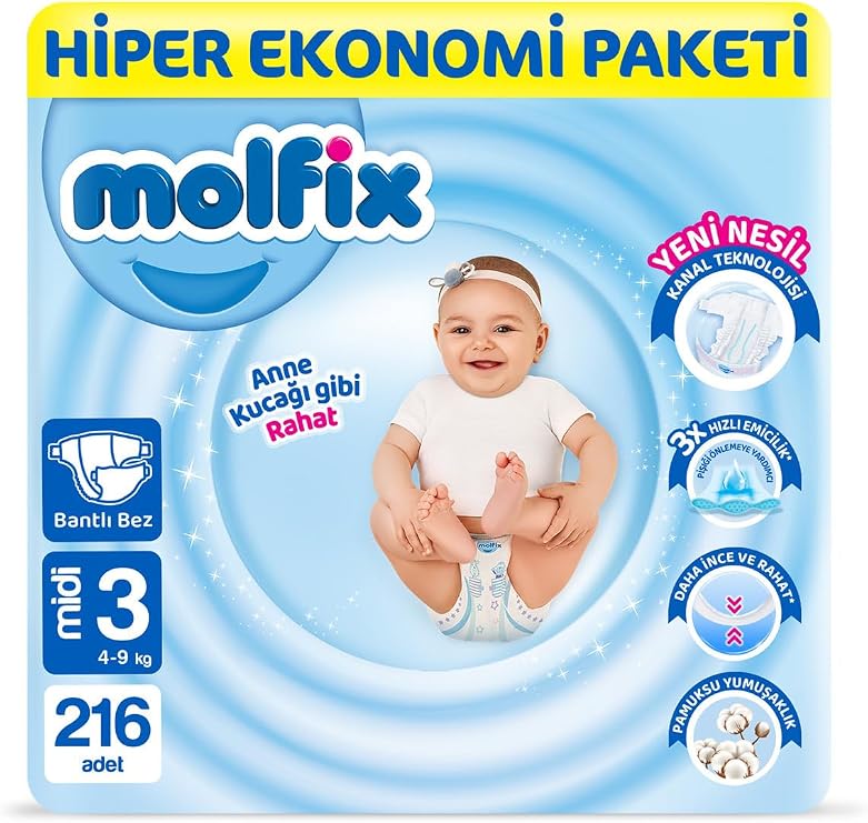 Molfix Bebek Bezi 3 Beden Midi Hiper Ekonomi Paketi 216 Adet