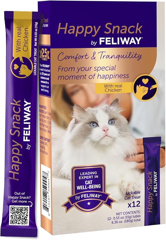 Happy Snack by FELIWAY, Delicious, Lickable, Squeezable Puree Cat Treats for a Daily Calming Routine, Made with Real Chicken, 12 Pack (0.5oz Tubes)