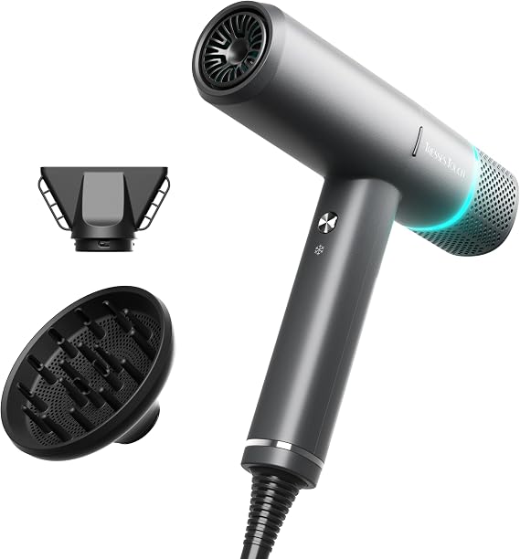 Hair Dryer Ionic Hairdryer, High Speed Blow Dryer with Diffuser for Women & Men, Fast Dry with 3 Temps/2 Speeds, Cold Shot, Lightweight for Home Travel, Even Heat, Anti Frizz, Low Noise, Grey