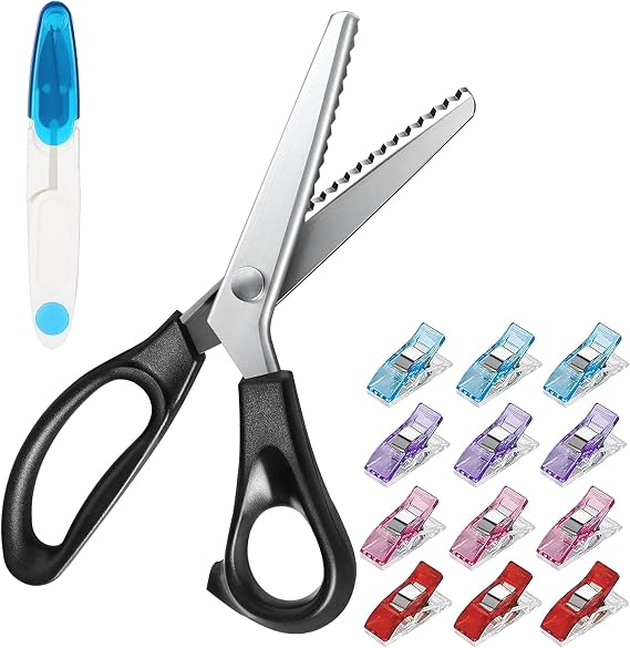Dressmaking Scissors, Fabric Scissor Set, Wavy Edge Craft Scissors Black | Zig Zag Scissors with 12 Clips & Wire Cutter, Scissors Stationery for Embroidery Scissors, Foam Scissors & Kitchen Scissors