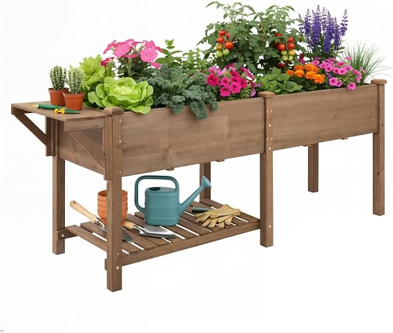 PetsCosset Raised Garden Bed with Legs, Wood Elevated Planter Box with Storage Shelf & Bed Liner, Hanging Hooks for Vegetables Flowers Herbs, Outdoor Patio & Backyard Use