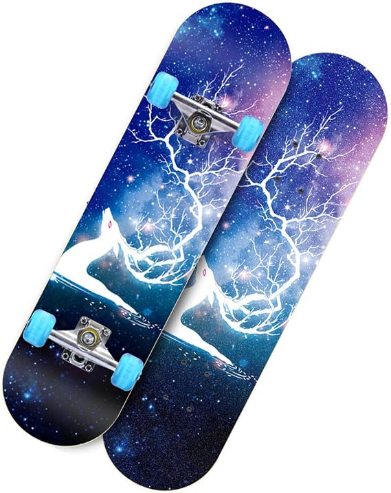 Skateboards for Beginners 31 x 8 inch Complete Skateboard for Kids Teens Adults, 7 Layer Maple Double Kick Deck Concave Cruiser Trick Skateboard for Boys Girls, Colorful Flashing Wheels