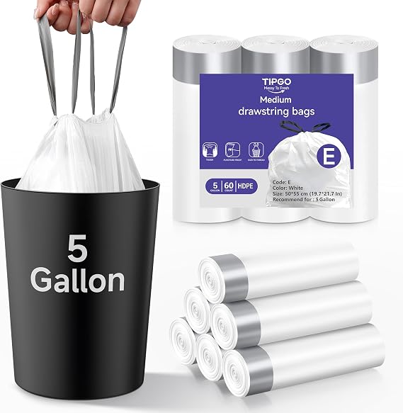 TIPGO 5 Gallon Trash Bags Drawstring, Pre-Cut Strong Wastebasket Bin Liners, White Garbage Bags for Home, Office, Bathroom (Code E, 60 Count)
