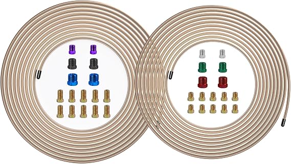 MuHize Dual-Size Brake Line Kit (1/4 + 3/16 Inch) - 25 Feet Copper Nickel Brake Tubing for Ford/Toyota Tacoma - Corrosion Resistant with 32 Braking Fittings