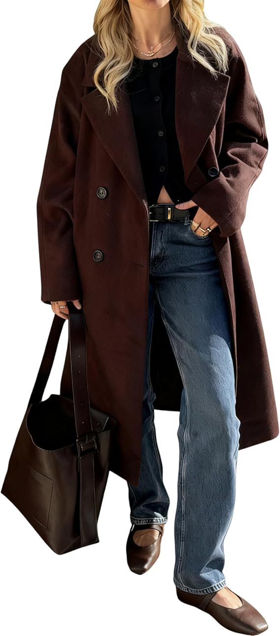 Women's Long Wool Coat Notch Lapel Double Breasted Wool Blend Winter Pea Coat