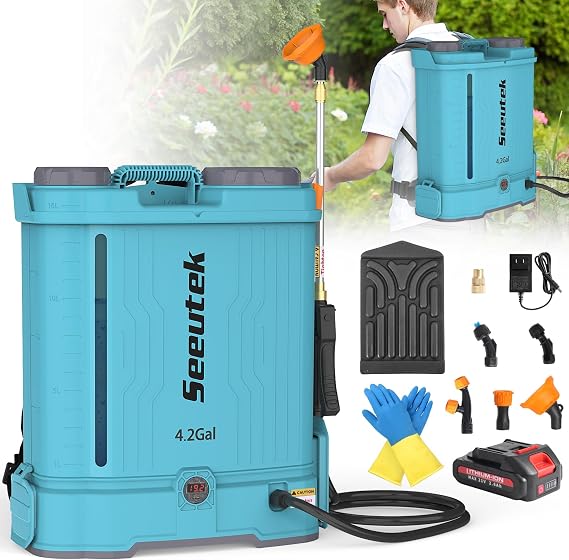 SEEUTEK Battery Powered Backpack Sprayer 4.2 Gallon,Electric Garden Sprayer