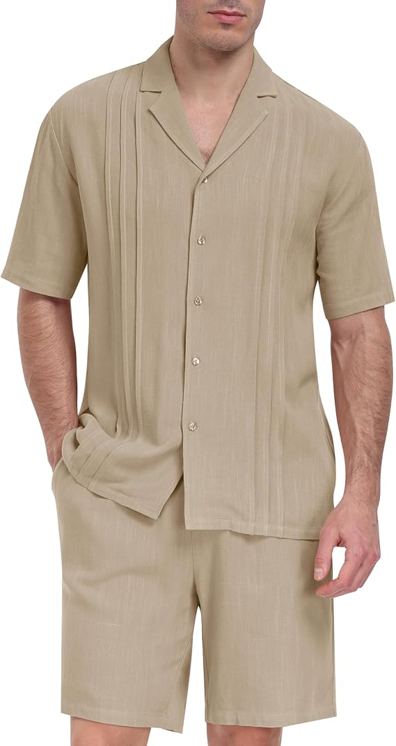 MoFiz Men's Linen Sets 2 Pieces Summer Vacation Party Beach Outfits Short Sleeve Button Down Shirts and Pants Set