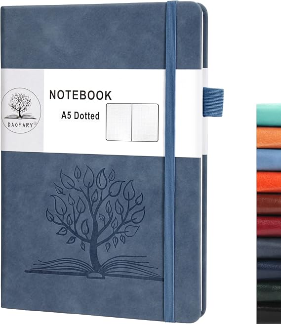 Daofary Dotted Journal Notebook with Pen Holder A5 Dot Grid Notebook with 160 Pages 100gsm Thick Paper, Hardcover Dotted Journal with Pocket 8.4 x 5.7 in (1 Pack-Dotted, Navy Blue)