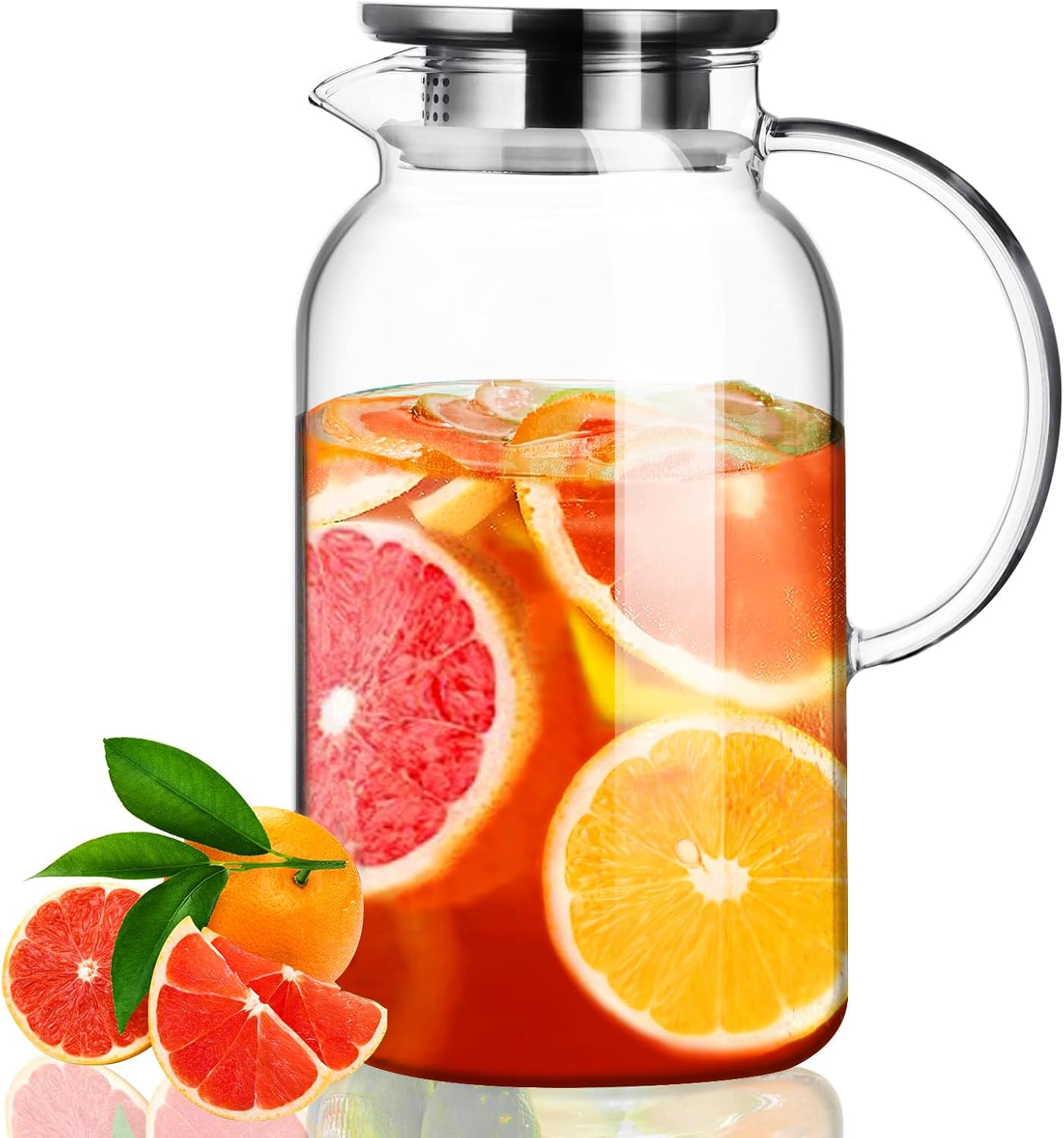 PARACITY Water Carafe 1.8 Litres Glass Carafe with Lid Hot and Cold Glass Carafe with Handles Easy to Clean Water Jug for Iced Tea Juice Lemonade Coffee and Milk