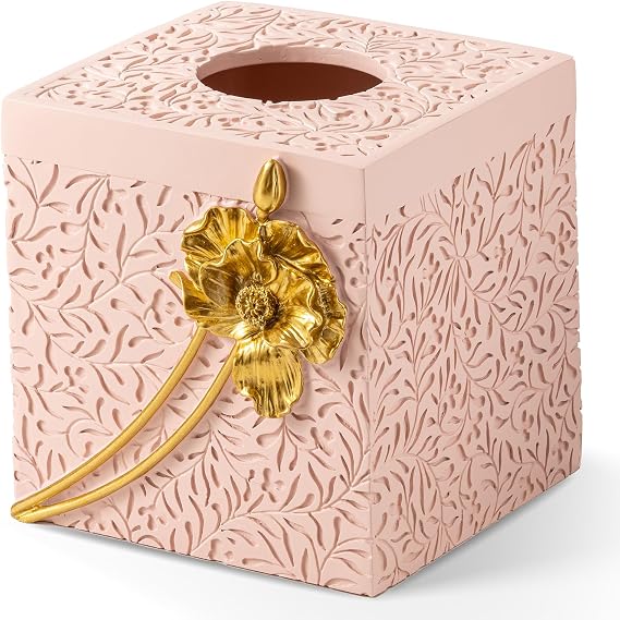 Gold Lotus Flowers Square Tissue Box Cover, Pink Tissue Box Holder for Bathroom Countertop,Vanity, Office, Bedroom Night Stand and Living Room, Hand Carved 3D Florwers Tissue Paper Dispenser