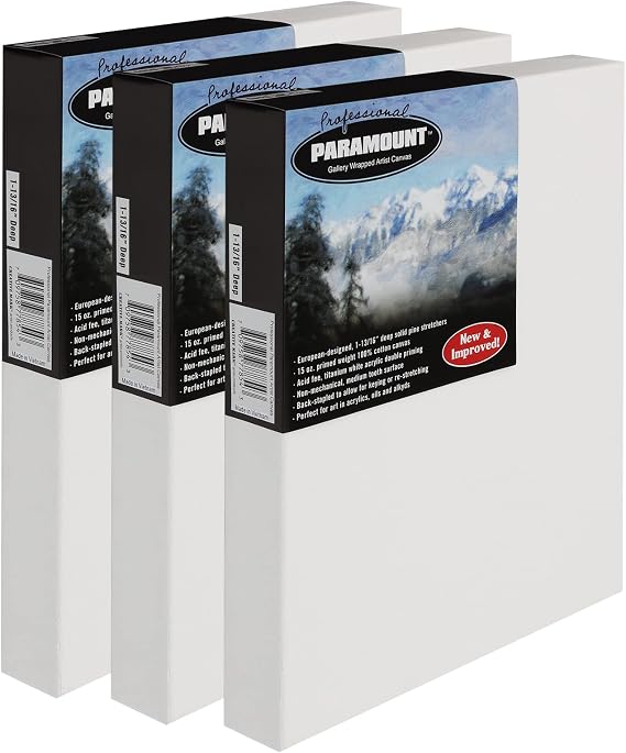 Paramount Professional Gallery Wrapped Canvases for Painting, 8x8 Pack of 3 Heavy-Duty Stretched Canvas, Unbleached 100% Cotton, 1-13/16 Deep, Acid-Free, Triple-Primed, Medium-Tooth Surface