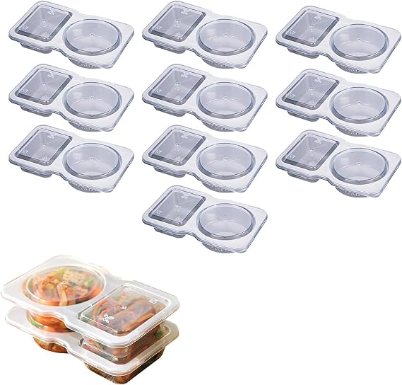 10PCS Double Compartment Condiment Containers with Lids,Disposable 2 Compartment Snack Containers,Dual Compartment Containerfor for Condiment, Dip, Sauce, Sampling and Travel Snacks