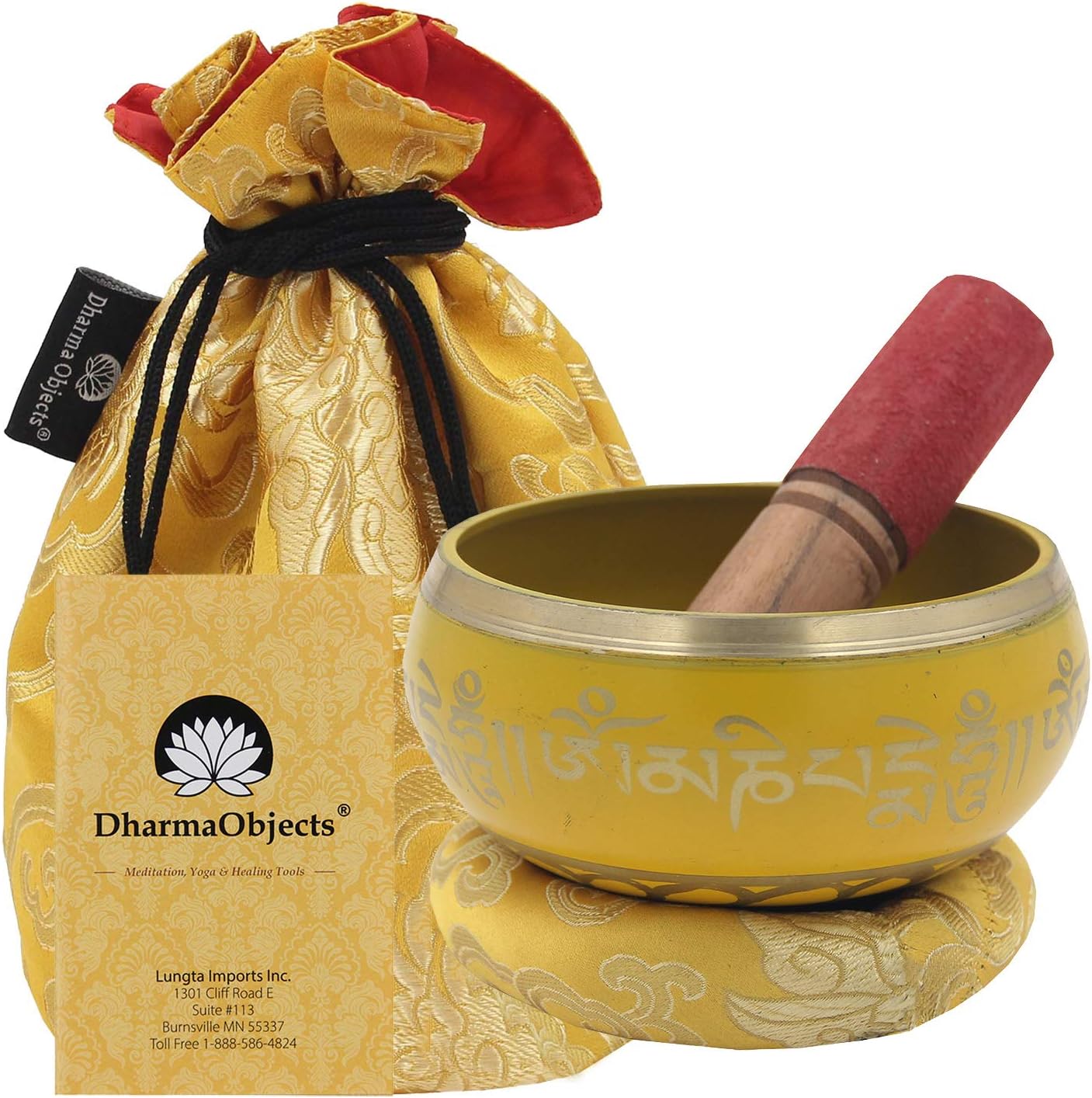 DharmaObjects Medium ~ Tibetan OM MANI Singing Bowl Set ~ With Mallet, Brocade Cushion & Carry Bag ~ For Meditation, Chakra Healing, Prayer, Yoga Golden Yellow