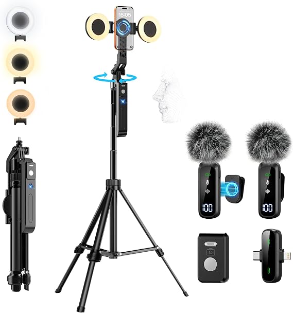 yAyusi Magnetic Vlogging Kit for iPhone/Android, 71" Auto Face Tracking Tripod for iPhone with Light, Magnetic Microphone/Remote Control, Content Creator Essentials Starter Kit for TikTok and YouTube