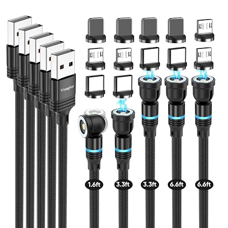 Magnetic Charging Cable 5-Pack (1.6/3.3/3.3/6.6/6.6FT) - 360&180 Rotating Magnetic Phone Charger Cable/USB Magnetic Cable, Nylon-Braided Charging Cords for Type C, Micro USB, iProduct