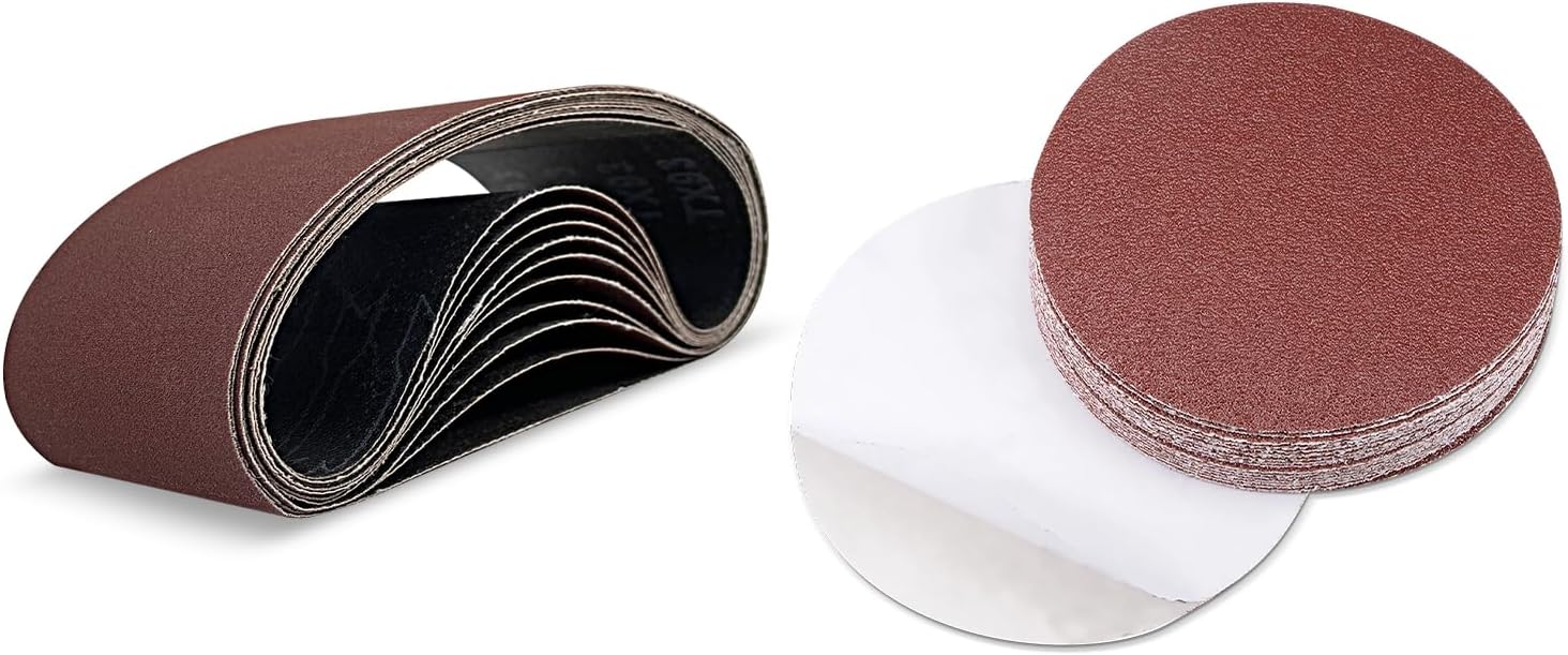 10 Pcs 6 x 48 Inch Assorted Aluminum Oxide Sanding Belts and 30 Pcs 9 Inch Assorted PSA Aluminum Oxide Sanding Discs