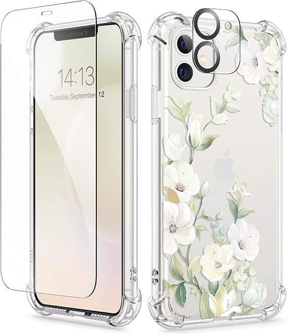 GVIEWIN for iPhone 11 Case Floral, Screen Protector & Camera Lens Protector | Non Yellowing, Soft Shockproof Clear Protective Phone Cover for Women, Flower Pattern Design 6.1" (Hibiscus/Green)