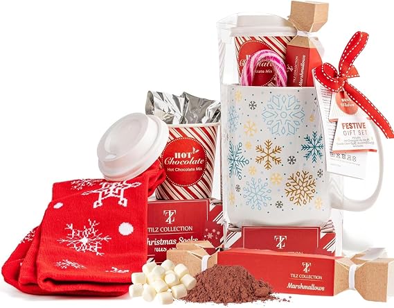 Hot Chocolate Gift Set With Mug - Hot Chocolate Set With Hot Chocolate Sachets - Mini Marshmallows, Candy Canes, Travel Cup -Gifts for Women, Mens Gifts -Vegan Chocolate Gift Set (WITH SOCKS)