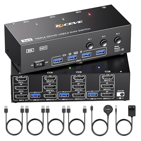 KVM Switch 3 PC 3 Monitors 8K @ 60Hz, MLEEDA HDMI Displayport KVM Switch Triple Monitor for 3 PC Parts 3 Monitors and 4 USB 3.0 Devices with 12 V DC Power Supply, Wired Remote Control and 3 USB Cables