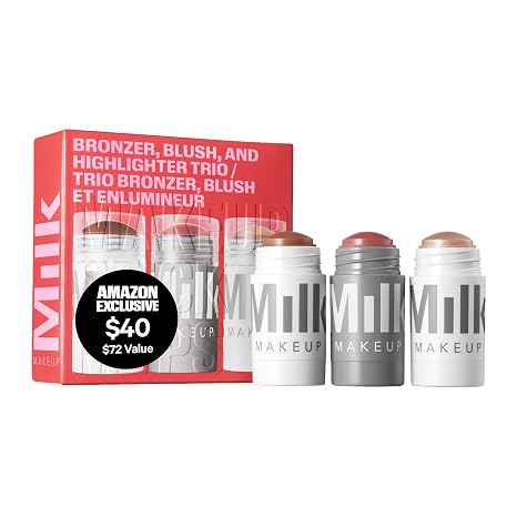 Milk Makeup Bronzer, Blush + Highlighter Full Size Trio Bronzer in Baked .19oz, Cream Blush + Lip Color in Werk (Dusty Rose) .21oz + Highlighter Stick in Lit (Champagne) .21oz Hydrating Formulas