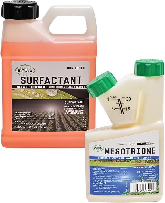 Liquid Harvest Non Ionic Surfactant 16oz and Mesotione 8oz- Pre and Post Emergent Weed Killer for Lawn and Turf Grasses