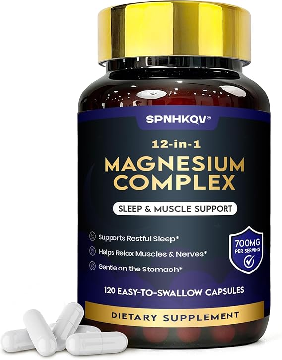 SPNHKQV Magnesium 12-in-1 Complex Supplement 700mg High Absorption Magnesium Glycinate Capsules for Women & Men Muscle, Nerve & Sleep Support 120 Vegan Capsules
