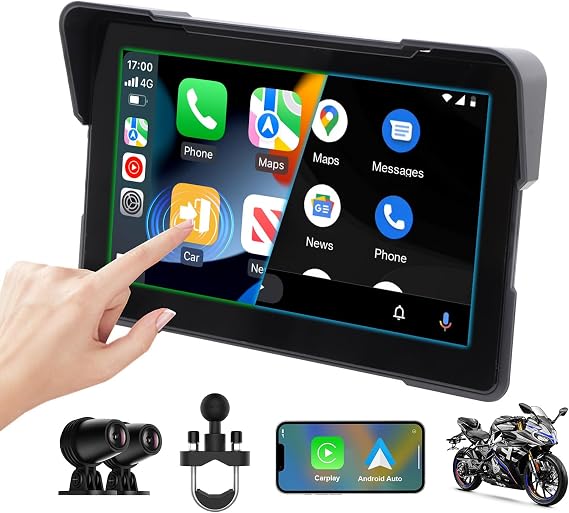 7" Wireless Motorcycle Carplay and Android Auto, IP67 Waterproof Smart Motorbike Stereo Touch Screen with Brackets, GPS, Bluetooth