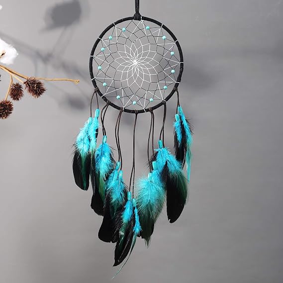 Dream Catcher with Bicolor Mesh, Handmade Dark Tone Dreamcatcher with Black and Turquoise Feather Wall Hanging Decoration
