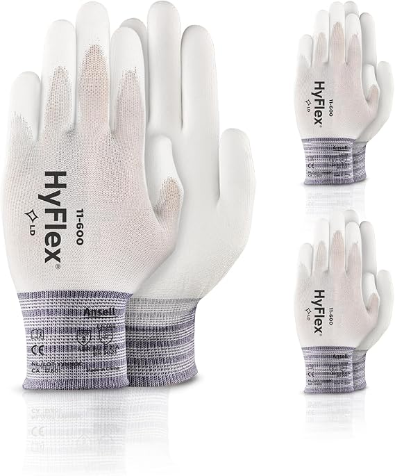 Ansell HYFLEX 11-600 Light Duty Nylon Industrial Gloves w/Palm Coating for Metal Fabrication, Automotive - XS (6), White (3 Pairs) | White, Size 6 (XS), unisex work gloves with PU coating & 15-gauge nylon liner, ideal for assembling, mounting, screwing