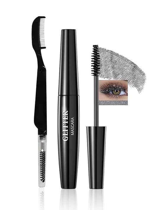 Black Glitter Mascara,Shimmer Sparkle Diamond Colored Mascara for Eyelashes Define Long Lasting Curling,Multi-Use Shimmer Voluminous Colorful Mascara Party Stage Use Eyes Makeup for Women-05