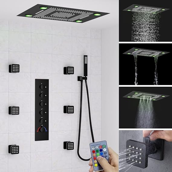 Matte Black Large Rain Shower System - 24"x32" Ceiling Shower Head, Thermostatic Mixing Valve, Adjustable Flow Body Jets, Waterfall Rainfall Mist LED Shower Fixtures Kit