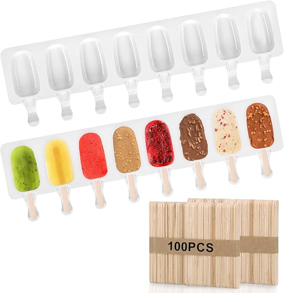 2Pcs Ice Lolly Moulds with Sticks, Non-Stick Silicone Popsicle Mould, DIY Ice Cream Moulds with 100 Wooden Sticks for Homemade Dessert, BPA-Free