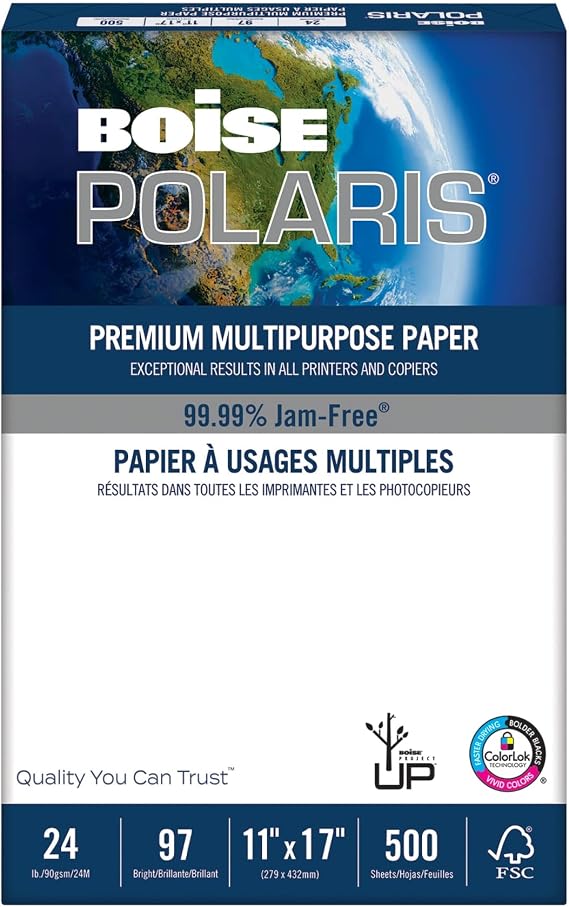 Boise POLARIS Premium Multi-Use Printer & Copy Paper, 1 Ream, White, Ledger (11" x 17"), 500 Sheets Per Ream, 24 Lb, 9