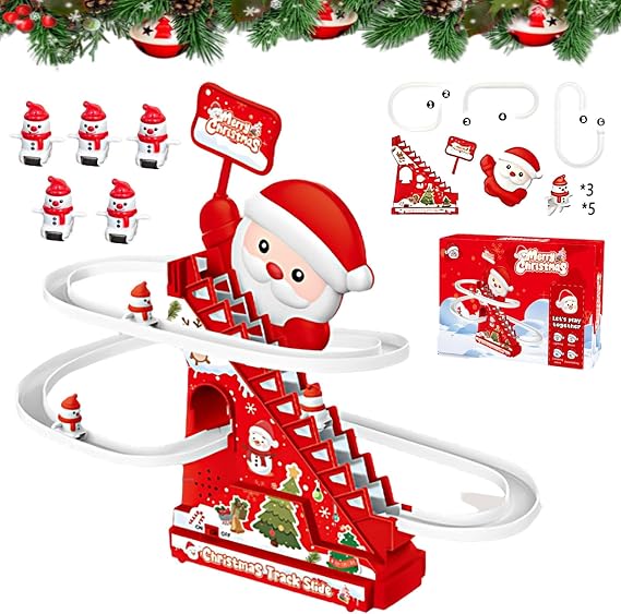 Animated Christmas Tree Ski Slope, Musical Gingerbread Ski Slope, Electric Santa Climbing Slide Track with LED Lights & Music, with 3/5 Characters (with 5 Characters)