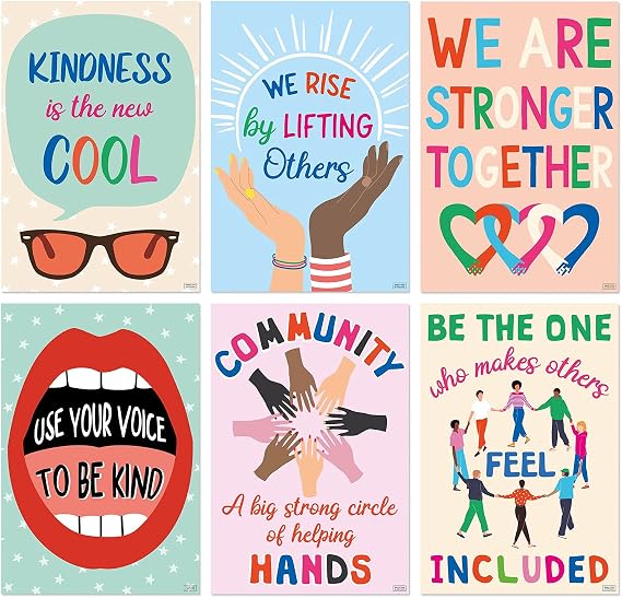 S&O Kindness Posters for Classroom Decorations 6 Pack, 15 x 22” Large Poster Bundle, Growth Mindset and Motivational Wall Art for Bulletin Board, Inspirational Quotes, Affirmation and Positive Banner