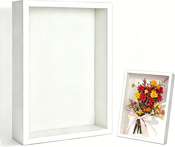 3D Shadow Box Frame 23x28x3 cm, Wooden Deep Photo Display Box with Acrylic Glass, Shadow Box for Medals Flowers Tickets Memorabilia Crafts, Tabletop Keepsake Case for Home Decor (White)