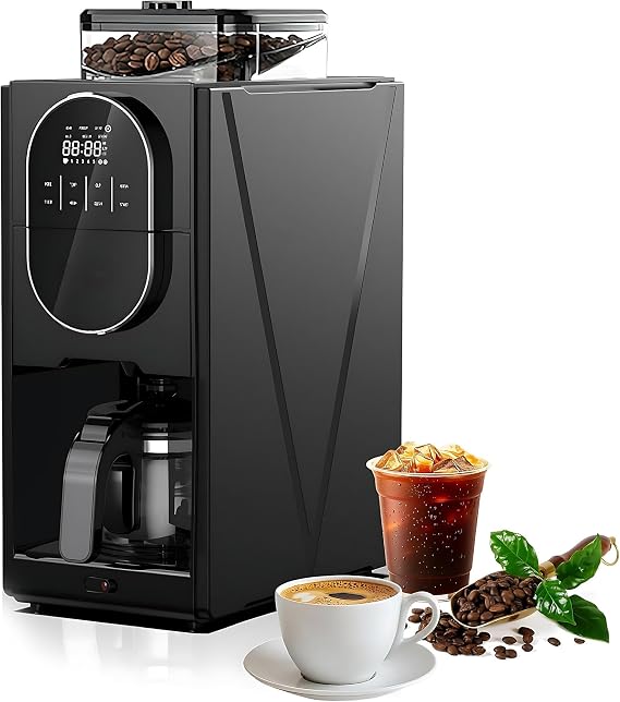 Coffee Maker with Grinder, Fully Automatic Programmable Brew Machine with 22oz Glass Carafe, Hot & Cold Functionality, Adjustable Grind Settings, Timer Included