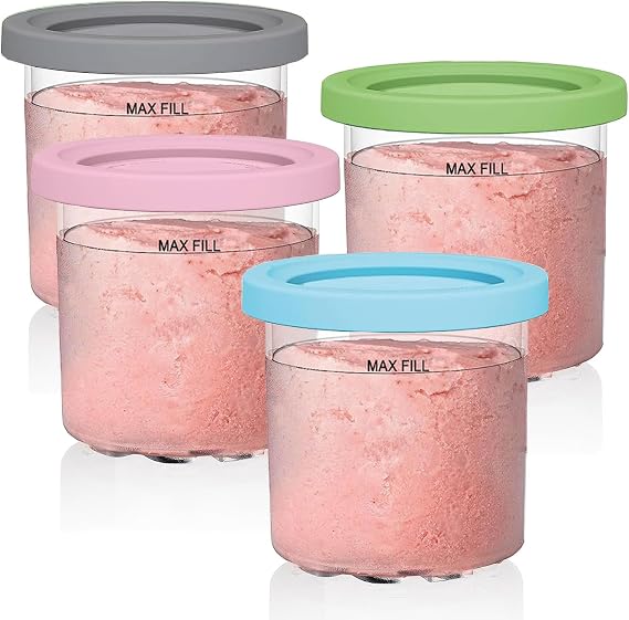 4 Pack Ice Cream Tubs for Ninja CREAMi Ice Cream Maker NC300UK NC300UKCP NC301 NC299AMZ Series, for Ninja Creamy Pint Containers Cups Replacement with Color Lids, BPA-Free & Dishwasher Safe