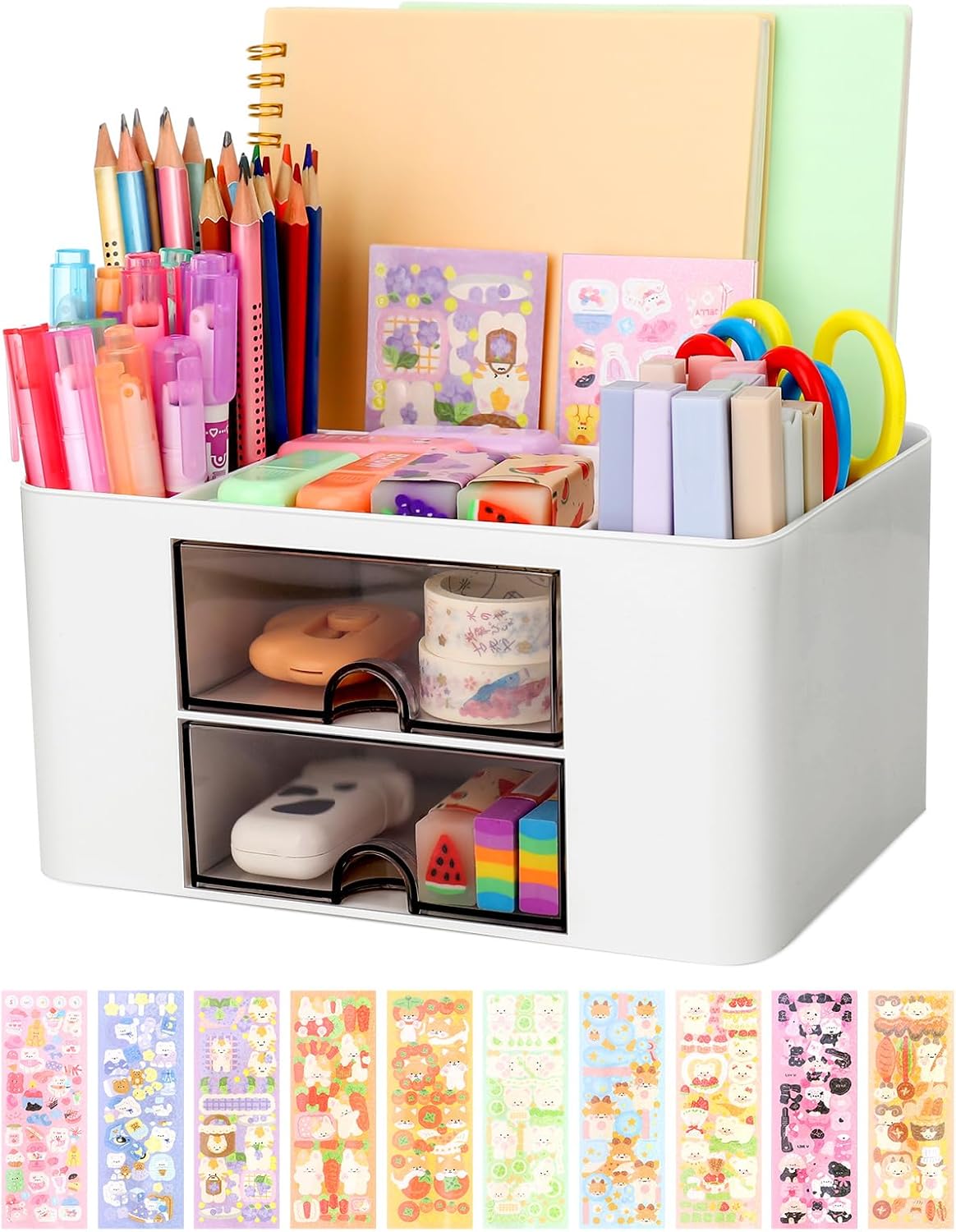 umorismo Desk Organizer Makeup Organizer Desktop Storage Box, Desk Tidy Organiser Desktop Storage Box with Drawers and Pen Holder, Plastic Stationery Supplies Storage Box for School Home Office
